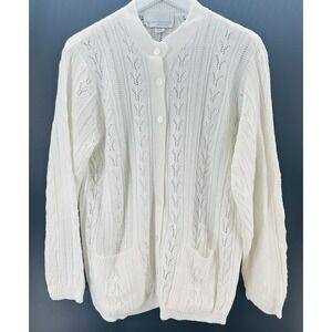 VTG College Point White Cardigan Cottage Granny Core Sweater Preppy Sz M Q1010
